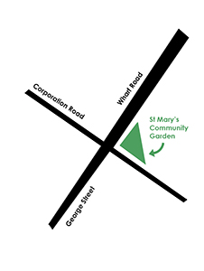 Map to show St Mary's Community Garden on the corner of Corporation Road and Wharf Road